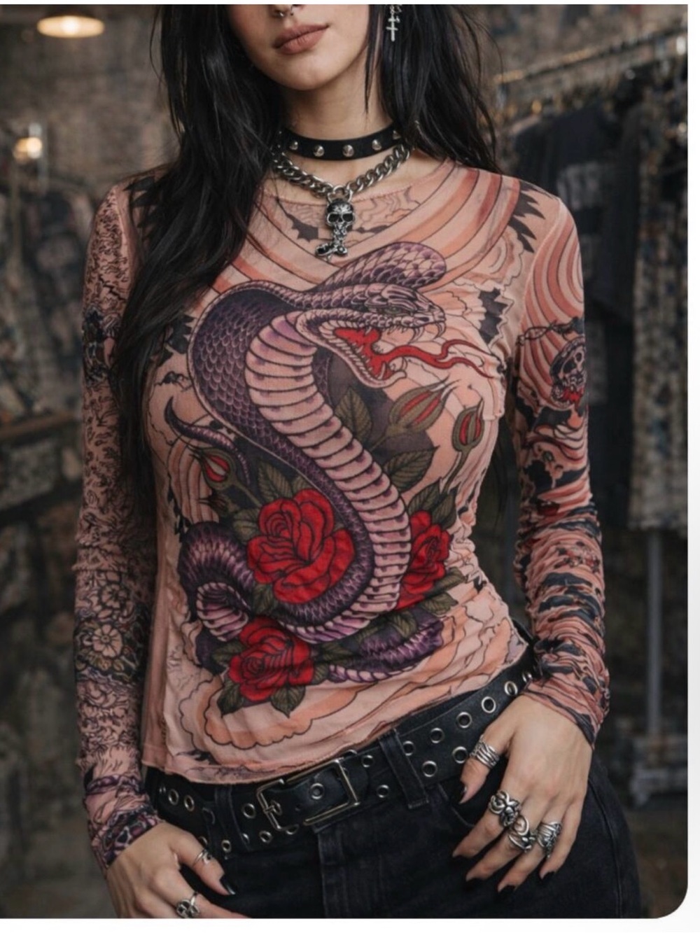 Vintage Miami Ink Skull Snake Tattoo Micro Mesh Top Long Sleeve Size S/M Goth